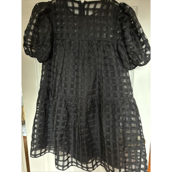 English Factory Puffy Sleeve Black Dress window pane semi sheer lined tired sz S - Picture 13 of 16
